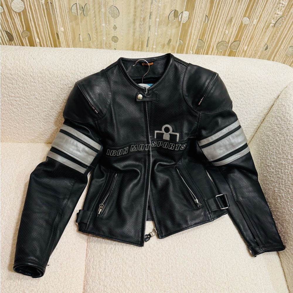 ICON Black Leather Jacket with Silver Stripes